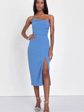 Lulu's One-Shoulder Cobalt Blue Midi Dress with Side Slit